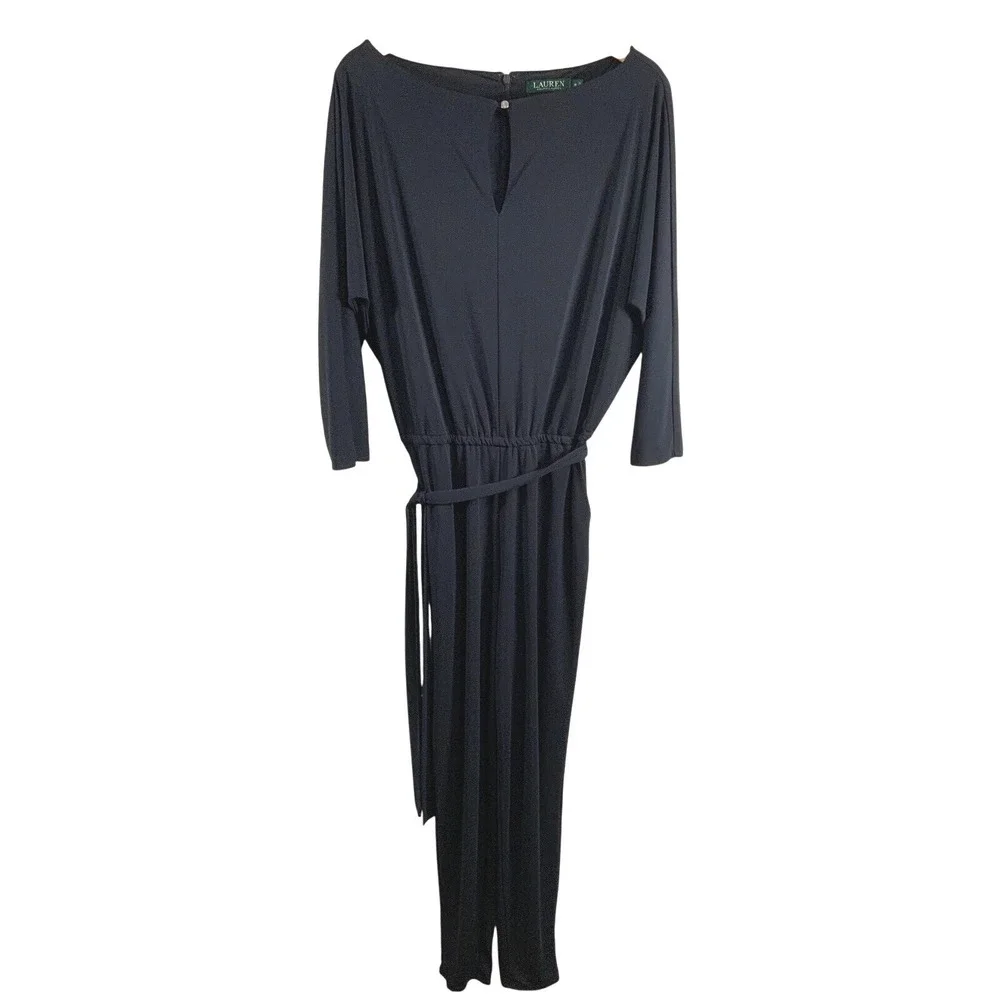 Lauren Ralph Lauren Womens Stretch Jersey Jumpsuit M Blue Tie Keyhole 3/4 Sleeve - Picture 1 of 14